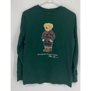 Polo Ralph Lauren Boys Polo Bear Graphic Long Sleeve Green Shirt Sz L (14/16)
